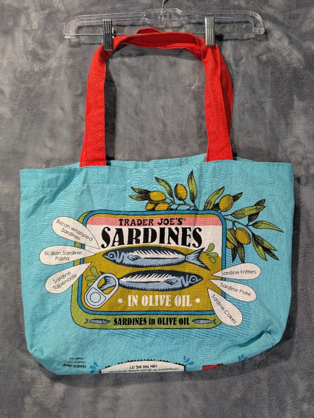 Trader Joe’s Sardines In Olive Oil Canvas Tote Bag Blue Red Recipe Graphic